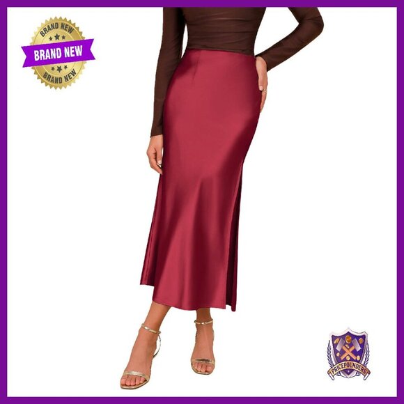 Satin Maxi Skirt High Waist Elastic Side Split Work Casual